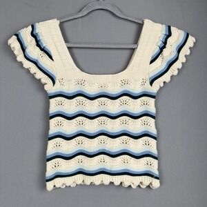 Jessica Simpson Crochet Knit Top Small Blue Cream Boho Coastal